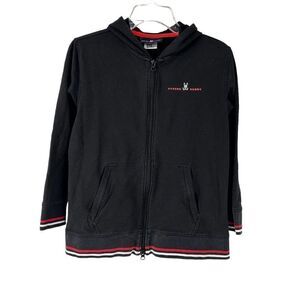 Psycho Bunny Jacket Black Hooded Full Zip Girls Size L 14/16 Pink Logo Punk Rock